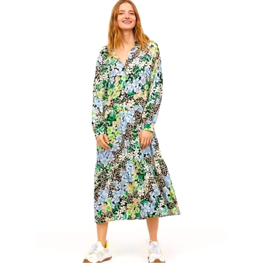 H&M - Collared Floral Bright Fun Half Button Up Boho Midi Dress Size XS